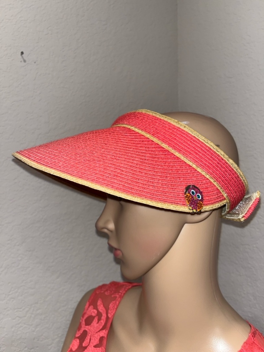 Scala Coral straw adjustable Velcro Visor with tan straw Trim